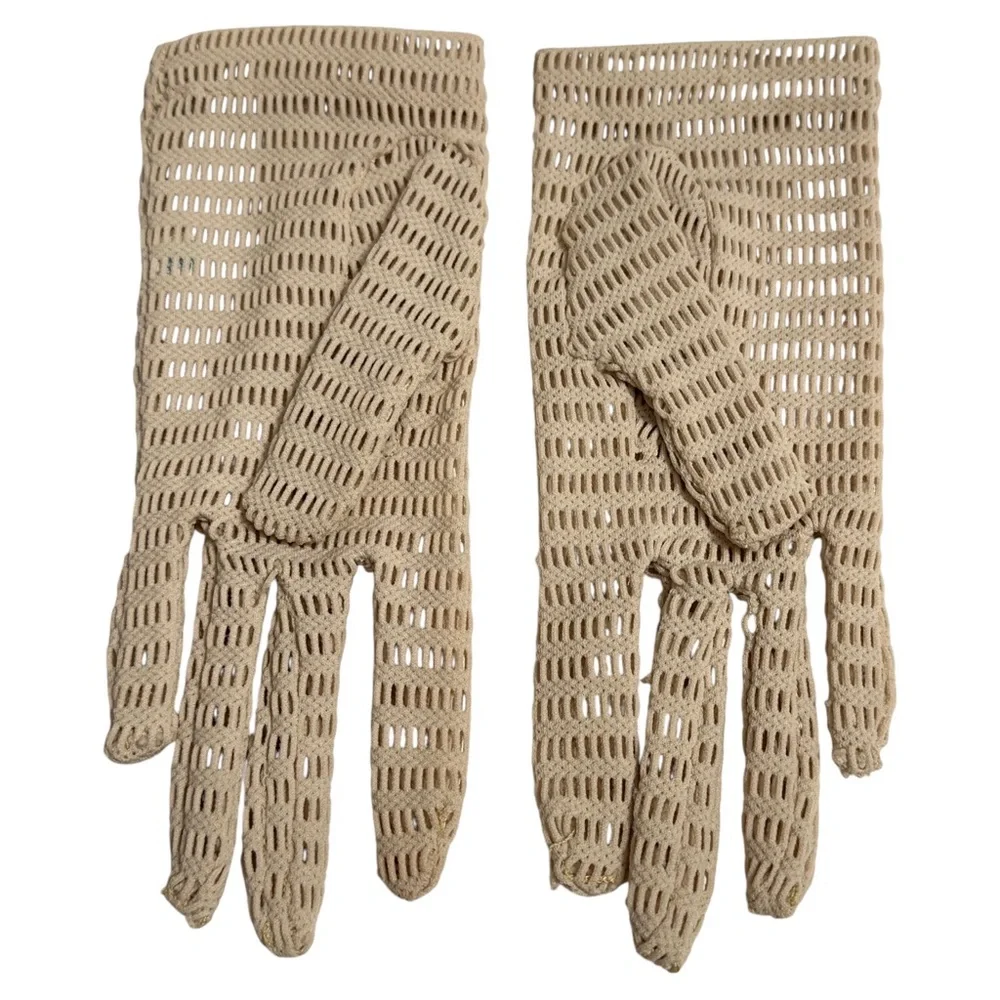 Van Raalte Womens Vintage Perforated Mesh Gloves Embroidered Bows & Mini Pearls